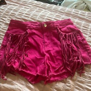 Altar'd State Pink Jean Shorts with Fringe